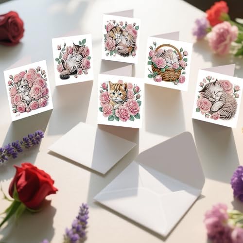 MVVMTOP 6pcs Diamond Painting Greeting Card with envelopes, DIY Cat and Rose Diamond Art Greeting Card for Blessing and Wish Special Shaped Arts Crafts for Christmas Birthday Thanksgiving Day Holiday - Image 6