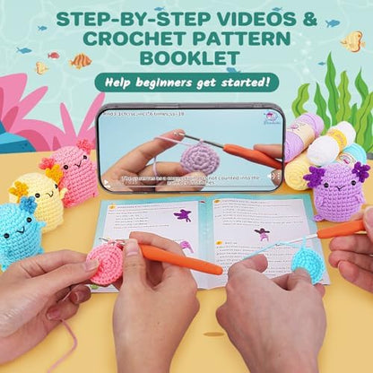 Crochetta Crochet Kit for Beginners, Crochet Starter Kit w Step-by-Step Video Tutorials, Beginner Crochet Kit for Adults Kids Women Men Complete Kit Included (4 Mini Axolotls) - Image 3