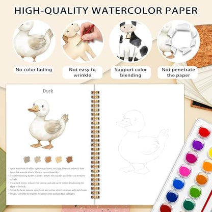 Farm Animals Watercolor Workbook, Water Coloring Book, 12 Patterns, 18 Colors Watercolor Paint Set, Countryside Memories Watercolor Kit for Beginners, Relaxing DIY Gift for Adults - Image 3