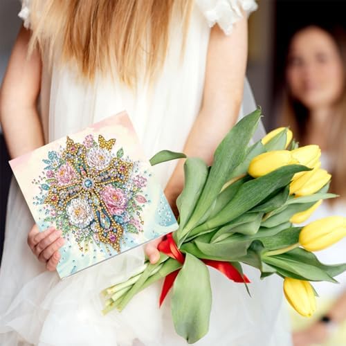 jinglinhh 6pcs Easter Cross Pink Red Rose Flower Diamond Art Painting Greeting Cards with Envelopes, DIY Card Making Kits for Adults, Diamond Art Postcards Christmas Cards Craft Gifts - Image 5