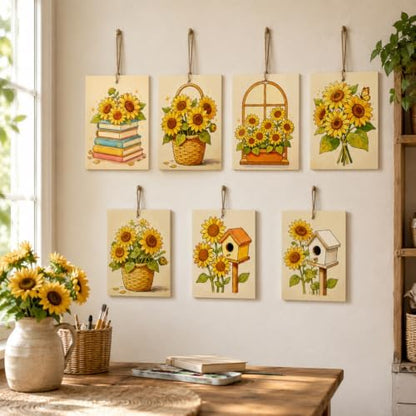 15 Pcs Unfinished Wood Crafts to Paint for Adults, 5.9x4.7 Inch Sunflowers Paintable Wood Slices Craft Supplies with Ropes, Bulk Predrilled Wooden Ornaments for DIY Painting Craft Decor - Image 7