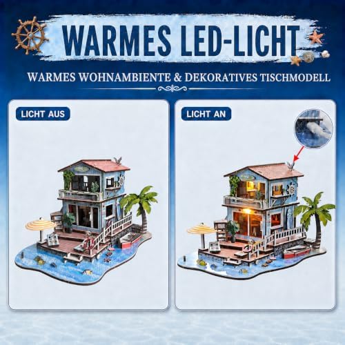 LED 3D Wooden Puzzles for Adults, Seaside Cabin DIY Miniature House,Gift - Image 4