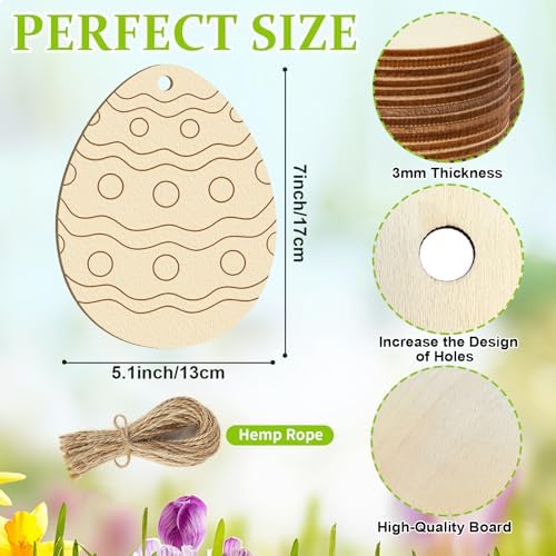 Large Size 7" Wooden Easter Ornaments to Paint, Egg Wooden DIY Blank Unfinished Round Wood Discs Ornament for Crafts Hanging Decorations(10 Different Patterns) - Image 7