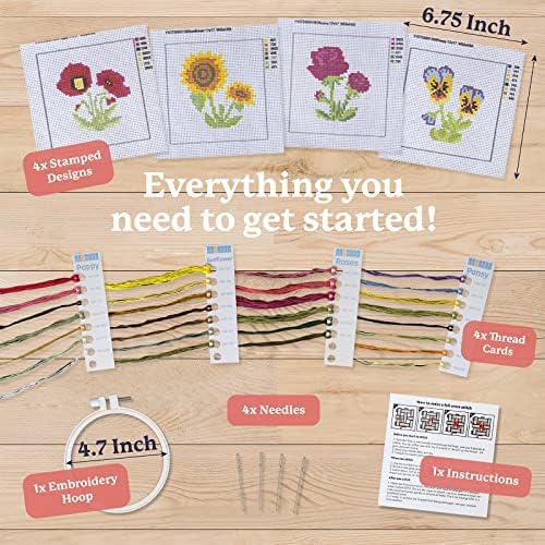 Kraftex Stamped Cross Stitch Kits for Beginners (Flower Theme - 6.75 Inch - 4 Pack 1 x Embroidery Hoop) Embroidery Needlepoint Patterns for Adults, Includes Poppy, Rose, Sunflower and Pansy - Image 2