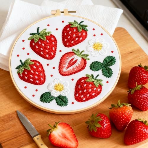 BEUNITONE 4 Set Strawberry Embroidery Kit for Adult Beginners 7.9"x7.9" DIY Stamped Needlepoint Kits with Pre-Printed Designs, Complete Handmade Embroidery Craft for Relaxing Hobby and Home Decor - Image 5