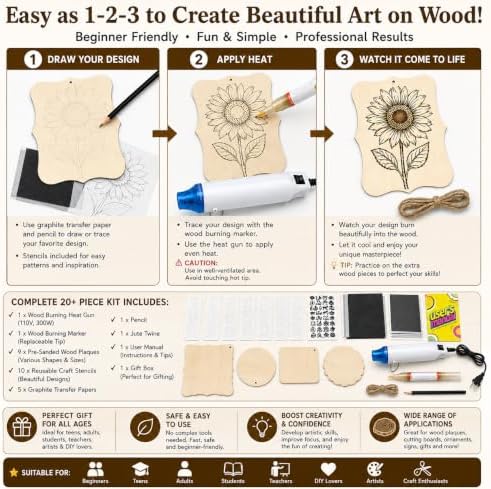 Xenolog Wood Burning Kit for Beginners - Complete 20+ Piece Pyrography Set with Heat Gun, Markers, 9 Wood Plaques, Stencils, Transfer Paper - Art Craft Gift for Adults, Teens, DIY Artists - Image 4