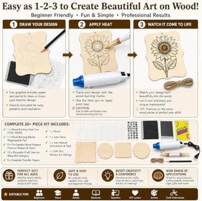 Xenolog Wood Burning Kit for Beginners - Complete 20+ Piece Pyrography Set with Heat Gun, Markers, 9 Wood Plaques, Stencils, Transfer Paper - Art Craft Gift for Adults, Teens, DIY Artists - Image 4