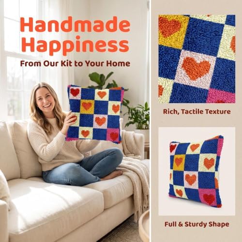Latch Hook Kits for Adults Beginner,17x17 inch Butterfly Floral DIY Crochet Pillow Cover Kit Pre-Printed Pillowcase Hook and Latch Kit Needlework Cushion Cover for Home Sofa Decor (Grid Heart) - Image 2