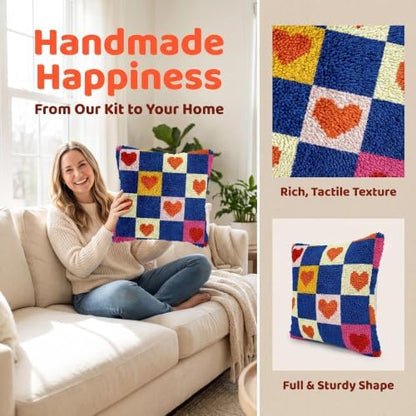 Latch Hook Kits for Adults Beginner,17x17 inch Butterfly Floral DIY Crochet Pillow Cover Kit Pre-Printed Pillowcase Hook and Latch Kit Needlework Cushion Cover for Home Sofa Decor (Grid Heart) - Image 2