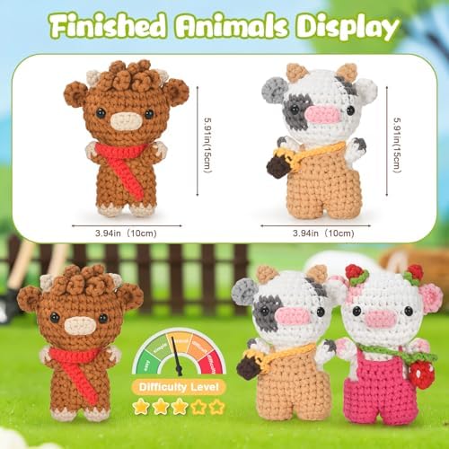 Zepiany Crochet Kit for Beginners 3 PCS Amigurumi Animal Cows Starter Kit Step-by-Step Video Tutorials DIY Craft Gifts for Adults Knitting Lovers Mother Teacher Graduates with 40% Extra Yarn - Image 3