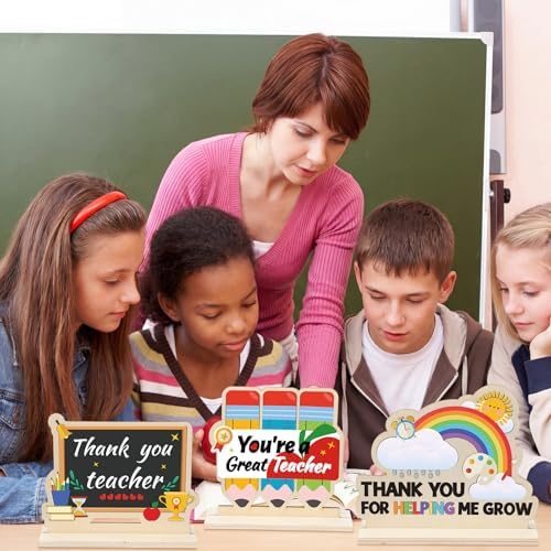 Yuntau 24 Pcs Color Your Own Teacher Appreciation Crafts Bulk Back to School Gifts First Day of School DIY Wooden Desktop Signs to Paint Classroom Crafts Kit for Thank You Teacher - Image 6