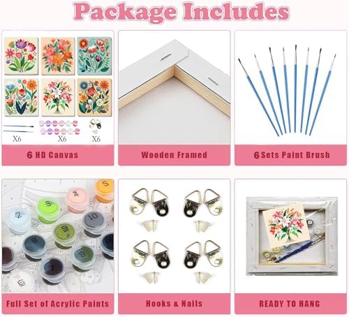 SYDYLH 6 Pack Paint by Numbers Kit with Frame, Easy Acrylic Painting for Kids & Adults, Flowers Paint by Number for Ages 6-12, 8x8 Inch DIY Art Set for Home Wall Decor - Image 5