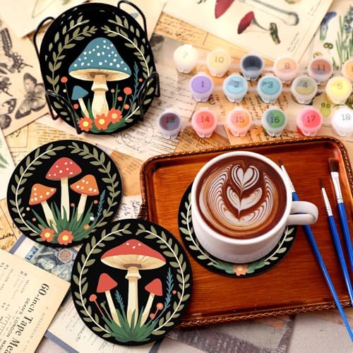 Reallnaive 8 Pcs Mushroom Paint by Numbers Kit for Adults Wooden Coasters - Image 2