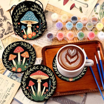 Reallnaive 8 Pcs Mushroom Paint by Numbers Kit for Adults Wooden Coasters - Image 2
