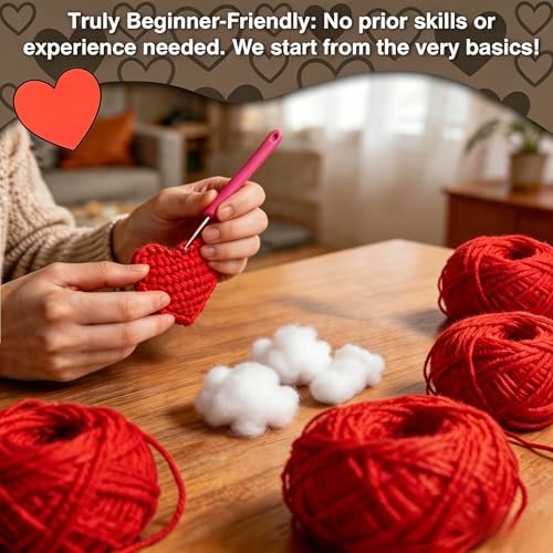 FACE N FACE DIY Crochet Heart Keychain Kit for Beginners – 6 Pack Valentine's Day Red Yarn Heart Keychains with Hook, Yarn & Instructions – Easy Beginner Knitting Craft Gift Set for Adults - Image 5