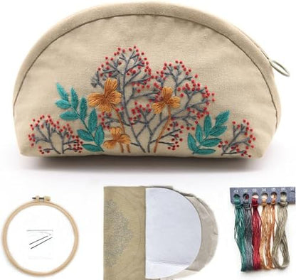 FONNUY Embroidery Kit Makeup Bag for Beginners, Flowers Pre-Stamped Pattern Handbag Coin Purses Making Kits for Adults with Hoop, Easy to Follow Color Thread Needlework (Beige) by FONNUY