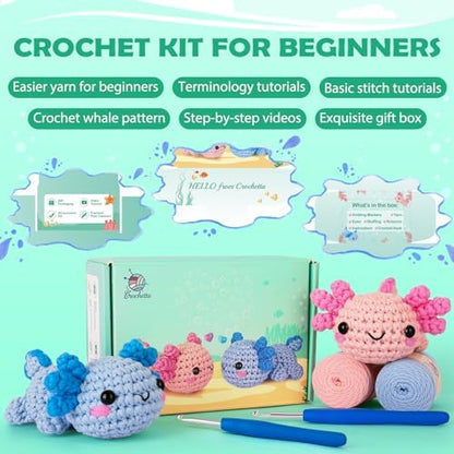 Crochetta Crochet Kit for Beginners, Beginner Crochet Starter Kit w Step-by-Step Video Tutorials, Learn to Crochet Kits for Adults Women Men, DIY Knitting Supplies, Axolotls (Blue and Pink) - Image 5