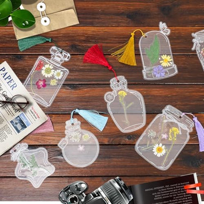 Large Size Bookmark Set, Pressed Flowers Bookmark Set, Bookmarks Making kit, Include Real Flowers Leaves, Cute Glass Bottle Shape, Handmade DIY with Tweezers Puncher Colorful Tassels - Image 6