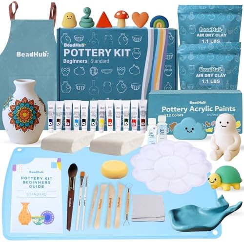 Pottery Kit for Beginners 2.2Lbs Air Dry Clay for Adults with Sculpting Tools, Paint, Glaze, Air-Dry Modeling Clay Molding, Sculpt & Painting Set, Hobby Date Night DIY Art Craft Kits -Standard (White) by BeadHub
