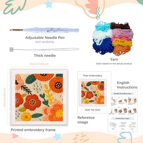 SDOYUNO Punch Needle Kit with Frame for Adults Beginners Kits 9.84 x 9.84 Inch Embroidery Starter Kits Punch Needle Kit with Flowers Pattern, Threader, Yarns, Rug Punch, DIY Craft Kits (Orange) - Image 2