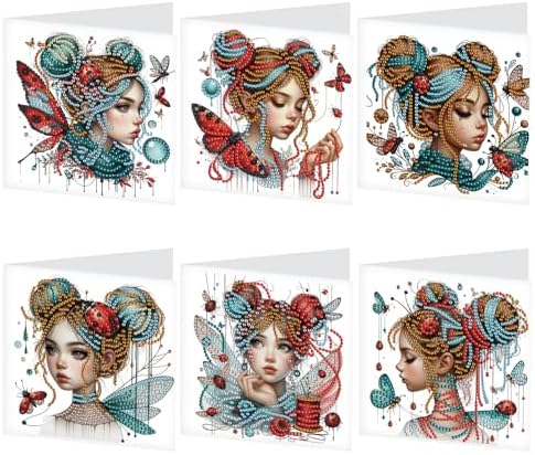 Tontut 6pcs Diamond Art Painting Kit Greeting Card, Temperament Butterfly Lady 5D DIY Diamond Handmade Holiday Sparkling Greeting Card with Envelope, Holiday Gift Congratulation by Tontut