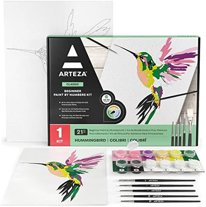 ARTEZA Paint by Numbers for Adults, 12x16 Inches, 21-Piece Hummingbird Painting Kit, Includes Canvas Panel, 12 Acrylic Paint Pots & 5 Paintbrushes for Home & Office Decor by ARTEZA