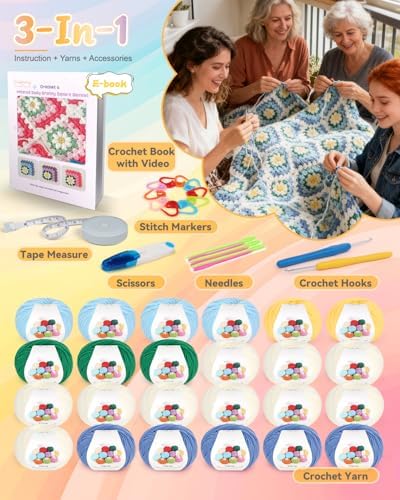 Coopay Crochet Kit for Beginners, Easy 3D Granny Square Blanket Kit, Blue - Image 5