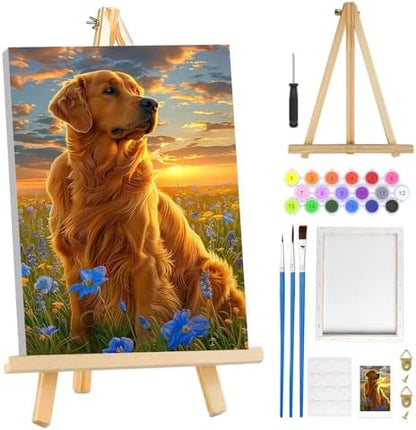 MOGTAA Paint by Numbers Kit for Adults with Frame, Dog Paint by Number Canvas, Flowers Scenery Paint by Numbers with Easel, DIY Animal Oil Painting Kit for Home Wall Decor 8 x 12 Inch by MOGTAADIYHomeDecor
