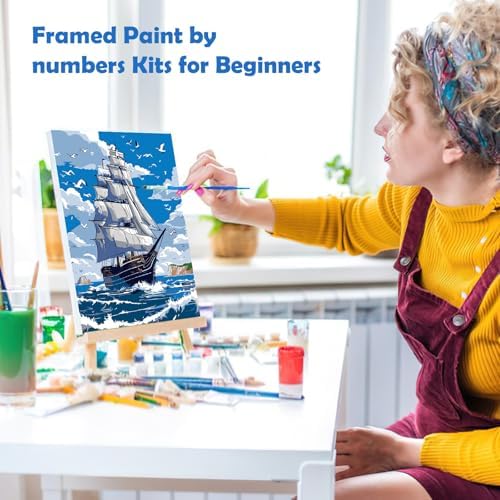 MOGTAA Ship Landscape Paint by Numbers Kit for Adults Beginners with Frame, Seagulls and Sea Adult Paint by Number Kits on Canvas with Easel, Easy DIY Oil Painting Kits for Home Decor, 8x12in - Image 4