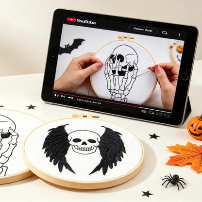 Skull Halloween Embroidery Kits for Beginners Adults, Gothic Embroidery Sets Needlepoint Kits, Halloween Stamped Cross Stitch Kits for Beginners Adults, 2 Embroidery Hoops (Attached Video Tutorial) - Image 4