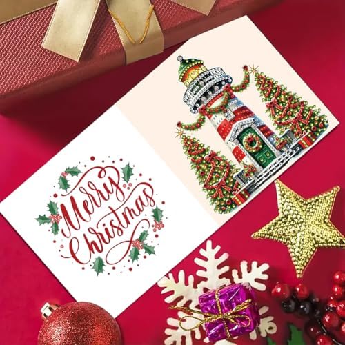 6PCS DIY Diamond Art Painting Greeting Card Set Xmas Lighthouse Rhinestone Diamond Art Mosaic Postcards for Xmas Birthdays Thanksgiving & Special Occasion - Image 2