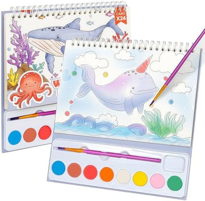 Watercolor Painting Coloring Books, Paint with Water Arts & Crafts Kit for Kids, Travel Activities Art Supplies Party Favors Exchange Birthday Gifts for Boys Girls, Spiral-Bound (Marine) by ROOCHKD