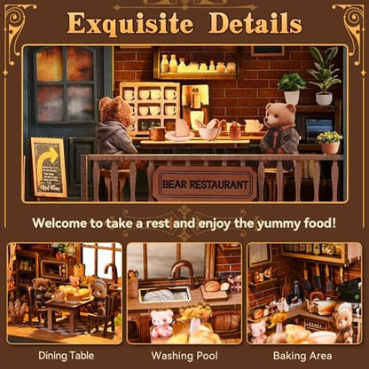 Book Nook Kit for Adults, DIY Miniature House Kits, Bear Restaurant 3D Wooden Dollhouse with Sensor LED Light, DIY Building House Bookend Model Craft, Home Bookshelf Decor Birthday Gift - Image 3