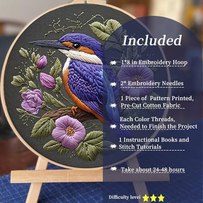 FONNUY Embroidery Kit for Beginners, Birds with Flowers Pre-Stamped Pattern Kits for Adults with Hoop, Easy to Follow Color Thread Needlework, 8'' Hoop (Purple 1) - Image 3