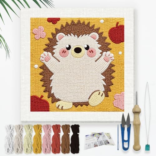 Doodlream Standing Hedgehog Needle Kit for Beginner, 9.4"x 9.4" Cute Animal Punch Stitching Craft Set, Color DIY Embroidery Starter with Printed Frame, Instruction, Threader, Yarn, Pinch Needle by Doodlream