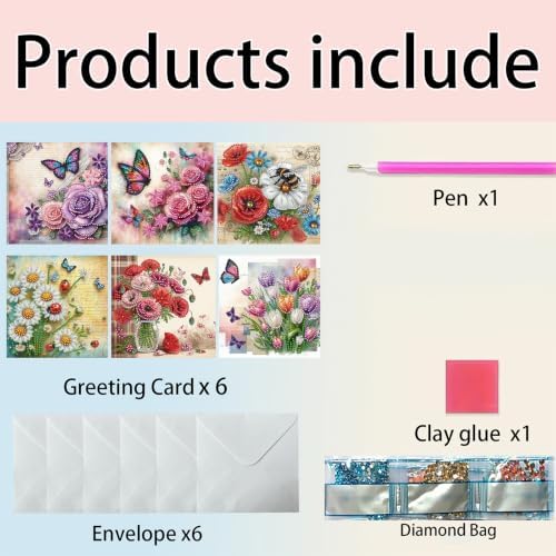6PCS Flowers and Butterflies Diamond Art Painting Greeting Cards Kit with Envelopes - 5D DIY Diamond Art Card Kits for Adults - Handcrafted Postcards for Birthday & Holiday - Image 5
