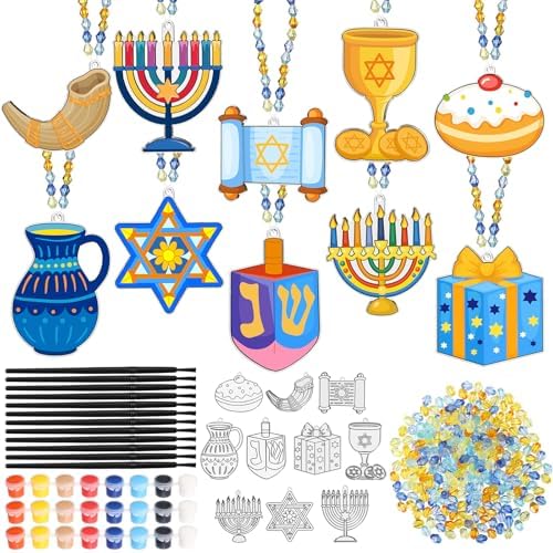 Dunzoom 30 Set Hanukkah Craft Kit Chanukah Suncatchers Kits Window Art Menorah Dreidel DIY Make Your Own Paint Suncatcher Ornaments for Jewish Hanukkah Art Craft Activity by Dunzoom