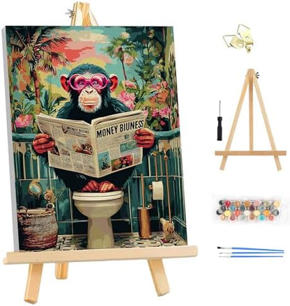 EOBROMD Framed Paint by Numbers Kits for Adults with Wooden Easel, Funny Monkey DIY Kits Crafts for Beginner on Stretched Canvas, 3 Brushes and Acrylic Paint for Home Decor 10x14 Inch by EOBROMD