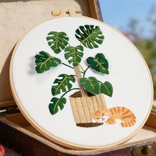 Monstera Embroidery Kits for Beginners Adults, Cat Hand Embroidery Kits, Potted Plant Cross Stitch Kits for Beginners DIY Craft Kits for Adult Women, Entire Set of Embroidery Supplies & Video Tutorial - Image 2
