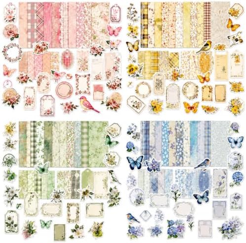 400-Piece Vintage Floral Scrapbook Kit, Paper & Stickers, 4 Color Themes by Diuhofart