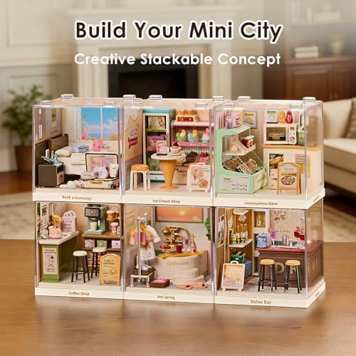 Cozy Hotel Room Miniature House Kit, Plastic DIY Dollhouse with Double Bed & Open Suitcase, Stackable Transparent Dust Cover, Creative Desktop Decor for Adults Teens - Image 6