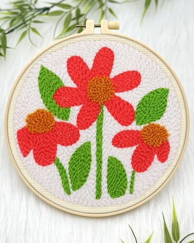 ERKOON Punch Needle Kit Adults Beginners, 2 Pcs DIY Easy Flower Embroidery Set for Starter Art Craft, Needling Punching Project with Patterns, Tools, Yarns, Hoop, Instruction (Safflower) - Image 4