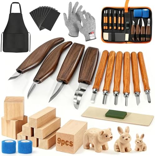 39 Pcs DIY Wood Carving Kit, 9 Basswood Blocks Carving Knives Storage Bag by 7CDXD