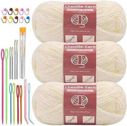 LUNARM Chenille Yarn 3 Pack 3.5oz Chunky Blanket Velvet Yarn 263 Yard by Lunarm