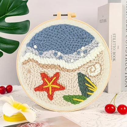 RUIQLXHANG Punch Needle Kits for Beginners, Cute Cartoon Highland Cow with Daisy Flower, Punch Needle Starter Craft Set with 20cm Hoop, Perfect for Festival Gift and Decoration (Summer Beach) - Image 2
