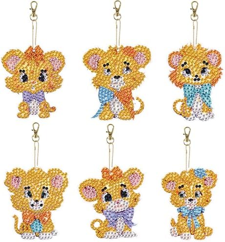 LazyFold 6Pcs Diamond Art Keychain Ornaments Kits for Adults,DIY Animals Cute Lions Diamond Painting Keychain,Key Ring Art Pendant Tree Decor Gift（Single-Sided） by LazyFold