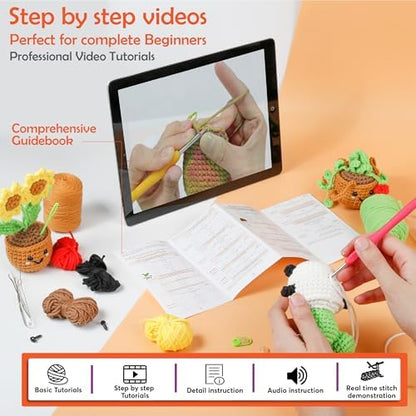 A-URA Learn to Crochet Kit for Beginners Kids and Adults, Premium 4 Animal Pattern Beginner Crochet Kits with Easy Tube Yarn & Step-by-Step Video Tutorials (Plants Crochet Kits) - Image 4