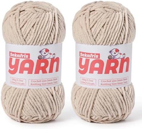 2 Pack Plush Chunky Chenille Yarn for Crocheting, Soft Fluffy Velvet Yarn for Crocheting Amigurumi, Fuzzy Baby Blanket Knitting 200g/262yds Bulky(2 Light Khaki) by Sekafris