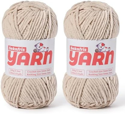 2 Pack Plush Chunky Chenille Yarn for Crocheting, Soft Fluffy Velvet Yarn for Crocheting Amigurumi, Fuzzy Baby Blanket Knitting 200g/262yds Bulky(2 Light Khaki) by Sekafris