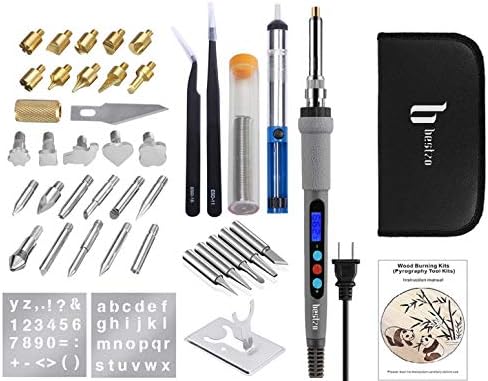 BESTZO Wood Burning Tool Kit - Digital LCD Pyrography Pen with Embossing, Carving & Soldering Tips, Manual & Case Included (Grey) by Bestzo